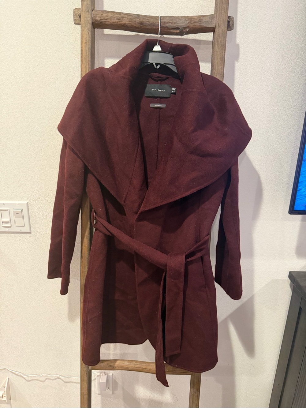 Tahari Deep Wine-Red Wrap Trench Coat with Shawl Collar